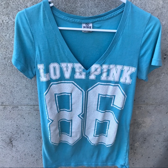 Victoria's Secret Pink V neck blue & white Tee! - Picture 3 of 6